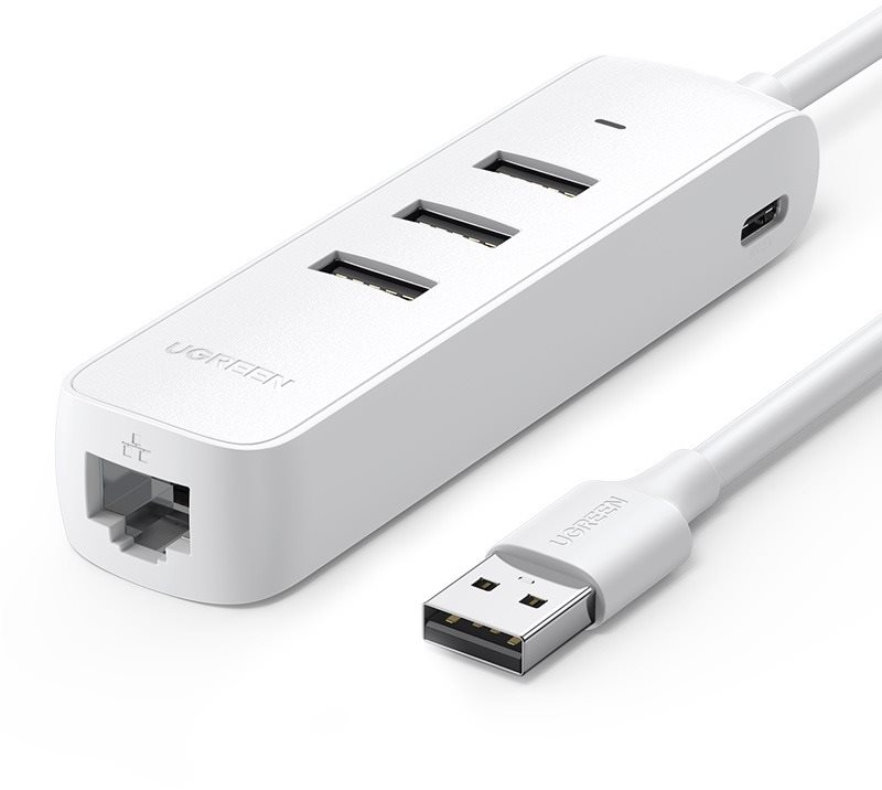 UGREEN USB 2.0 to 3×USB 2.0 + RJ45 (10/100Mbps) (White)