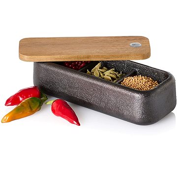 AdHoc Zásobník na koření Spice box Potta litinový s dřevěným víkem délka 17 cm
