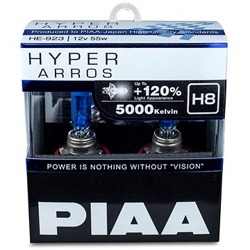 PIAA Hyper Arros 5000K H8 + 120%. jasně bílé světlo o teplotě 5000K, 2ks