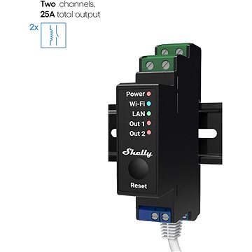 Shelly Pro 2PM, spínací modul 2x 16A na DIN lištu, měření spotřeby, LAN, Wi-Fi, a Bluetooth