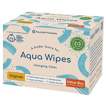 Aqua Wipes BIO Aloe Vera 100% rozložitelné ubrousky 99% vody 12× 64 ks