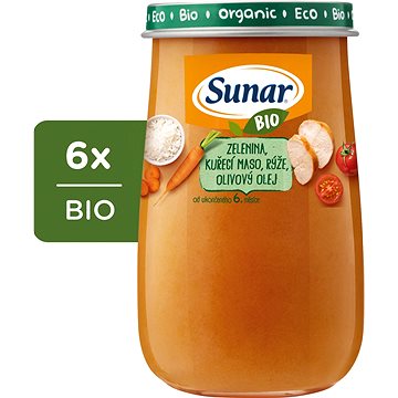 Sunar BIO příkrm zelenina, kuřecí maso, rýže, olivový olej 6× 190 g