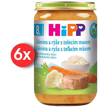 HiPP BIO Zelenina s rýží a telecím masem od 8. měsíce, 6 × 220 g