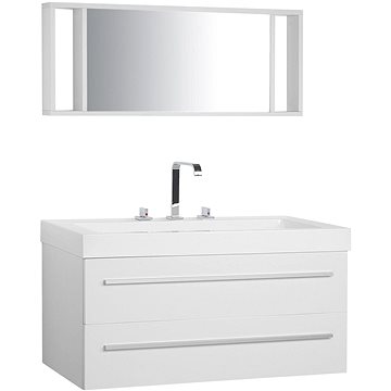 Bílý nástěnný nábytek do koupelny se zásuvkou a zrcadlem ALMERIA, 58905