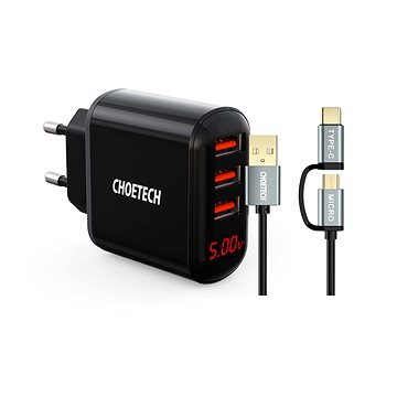 E-shop Set ChoeTech 5V/3.4A 3x USB-A Digital Display Wall Charger + 2 in 1 USB to Micro USB/(USB-C) 1.2m
