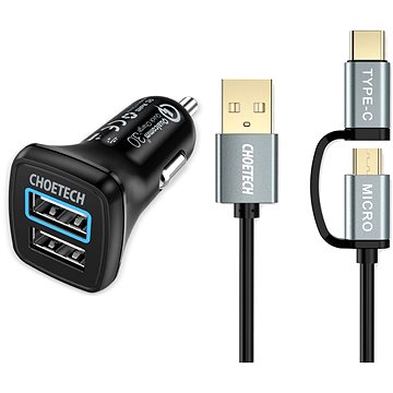 E-shop Set ChoeTech 2x QC3.0 USB-A Car Charger Black + 2 in 1 USB to Micro USB + Type-C (USB-C) Cable 1.2m