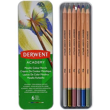 DERWENT Academy Metallic Colour Pencils v plechové krabičce, šestihranné, 6 barev