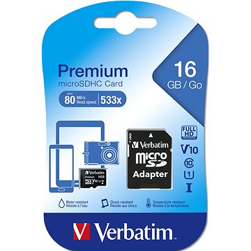 E-shop Verbatim Premium microSDHC 16 GB UHS-I V10 U1 + SD-Adapter