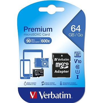 E-shop VERBATIM Premium microSDXC 64 GB UHS-I V10 U1 + SD-Adapter