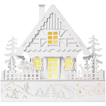 EMOS LED vánoční domek dřevěný, 28 cm, 2x AA, vnitřní, teplá bílá, časovač