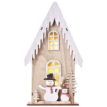 EMOS LED dekorace dřevěná – domek se sněhuláky, 28,5 cm, 2x AA, vnitřní, teplá bílá, časovač