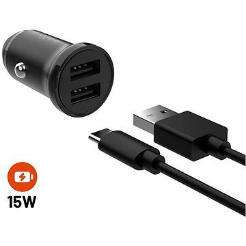 E-shop FIXED mit 2xUSB Ausgang und USB/USB-C Kabel 1 Meter 15W Smart Rapid Charge schwarz