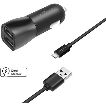 E-shop FIXED Ladegerät mit 2 x USB Ausgang und USB/micro USB Kabel 1 Meter - 15 Watt Smart Rapid Charge - schwarz
