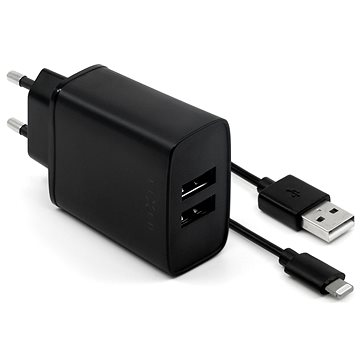 E-shop FIXED Smart Rapid Charge 15W mit 2xUSB Ausgang und USB/Lightning Kabel 1m schwarz