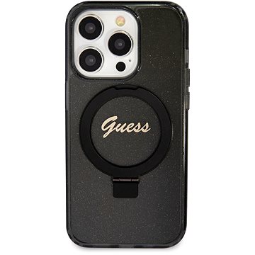 E-shop Guess IML Ring Stand Glitter MagSafe Back Cover für iPhone 15 Pro Schwarz