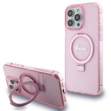 E-shop Guess IML Ring Stand Glitter MagSafe Back Cover für iPhone 15 Pro Pink