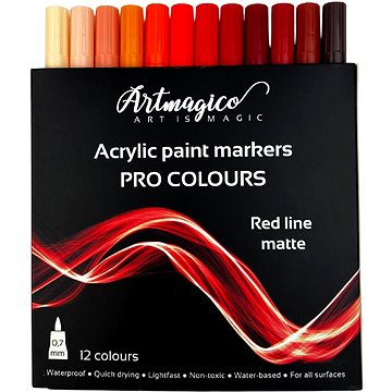 Artmagico Pro Red Line akrylové fixy, červené odstíny, 12 ks