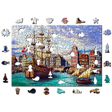 Woden City Dřevěné puzzle Staré lodě v přístavu 2v1, 505 dílků eko