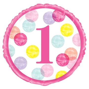 Balón foliový 1. narozeniny růžový s puntíky - 45 cm