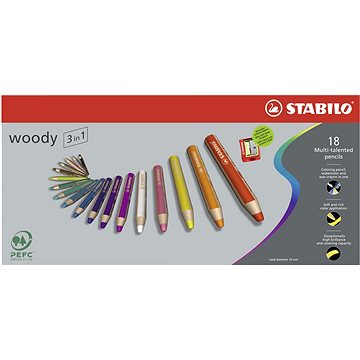 STABILO woody 3 v 1, pouzdro s ořezávátkem 18 barev