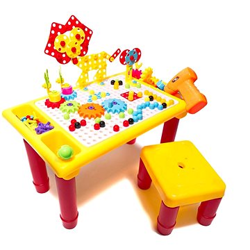 KIK Mozaika dětské plastové bloky, stůl, židle + nářadí 296 dílků