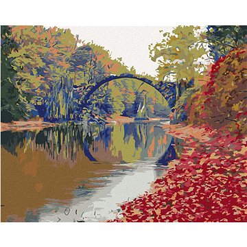 Barevná podzimní scéna mostu, 80×100 cm, vypnuté plátno na rám