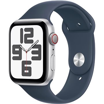 E-shop Apple Watch SE Cellular 44mm Aluminiumgehäuse Silber mit Sportarmband Sturmblau - S/M