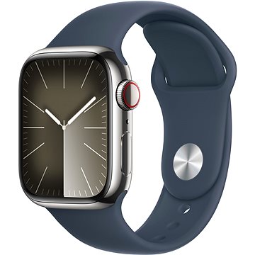 E-shop Apple Watch Series 9 41mm Cellular Edelstahlgehäuse Silber mit Sportarmband Sturmblau - S/M