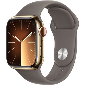 E-shop Apple Watch Series 9 41mm Cellular Edelstahlgehäuse Gold mit Sportarmband Tonbraun - M/L