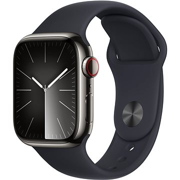 E-shop Apple Watch Series 9 41mm Cellular Edelstahlgehäuse Graphit mit Sportarmband Mitternacht - S/M