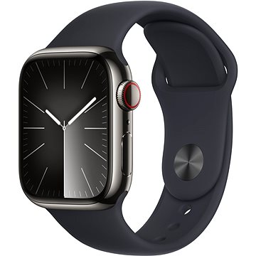 E-shop Apple Watch Series 9 41mm Cellular Edelstahlgehäuse Graphit mit Sportarmband Mitternacht - M/L