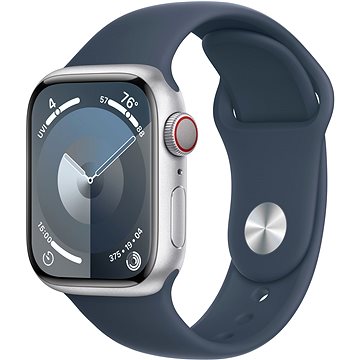 E-shop Apple Watch Series 9 41mm Cellular Aluminiumgehäuse Silber mit Sportarmband Sturmblau - S/M