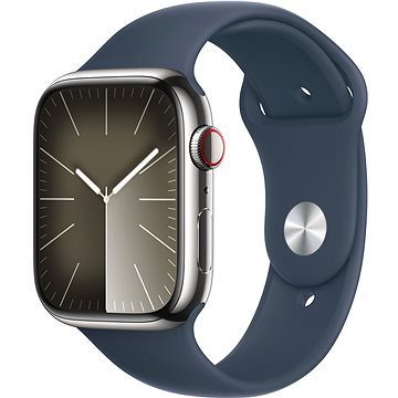E-shop Apple Watch Series 9 45mm Cellular Edelstahlgehäuse Silber mit Sportarmband Sturmblau - S/M