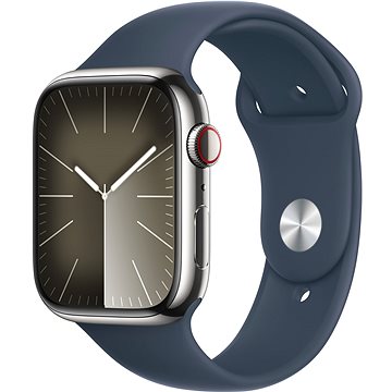 E-shop Apple Watch Series 9 45mm Cellular Edelstahlgehäuse Silber mit Sportarmband Sturmblau - M/L