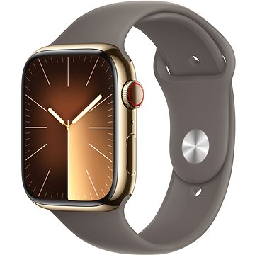 E-shop Apple Watch Series 9 45mm Cellular Edelstahlgehäuse Gold mit Sportarmband Tonbraun - S/M