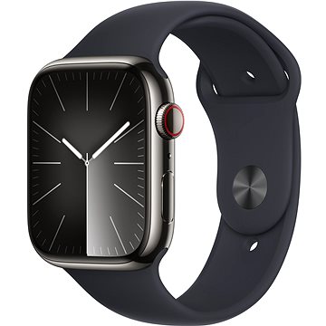 E-shop Apple Watch Series 9 45mm Cellular Edelstahlgehäuse Graphit mit Sportarmband Mitternacht - S/M