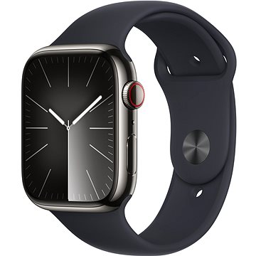 E-shop Apple Watch Series 9 45mm Cellular Edelstahlgehäuse Graphit mit Sportarmband Mitternacht - M/L