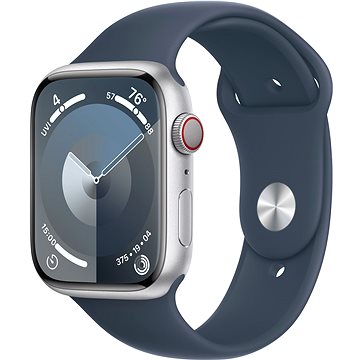 E-shop Apple Watch Series 9 45mm Cellular Aluminiumgehäuse Silber mit Sportarmband Sturmblau - S/M