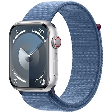 E-shop Apple Watch Series 9 45mm Cellular Aluminiumgehäuse Silber mit Sport Loop Winterblau