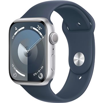 E-shop Apple Watch Series 9 45mm Aluminiumgehäuse Silber mit Sportarmband Sturmblau - M/L
