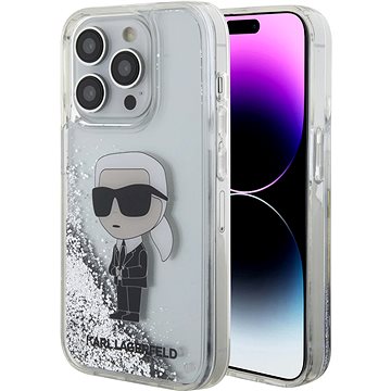 E-shop Karl Lagerfeld Liquid Glitter Karl and Choupette Head Back Cover für iPhone 15 Pro Silber