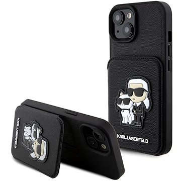 E-shop Karl Lagerfeld PU Saffiano Card Slot Stand Karl and Choupette Back Cover für iPhone 15 Schwarz