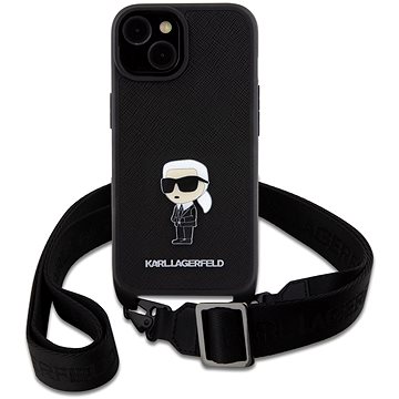 E-shop Karl Lagerfeld Saffiano Crossbody Metal Ikonik Back Cover für iPhone 15 Plus Schwarz