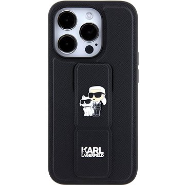 E-shop Karl Lagerfeld Saffiano Grip Stand Metal Logo Back Cover für iPhone 15 Pro Schwarz