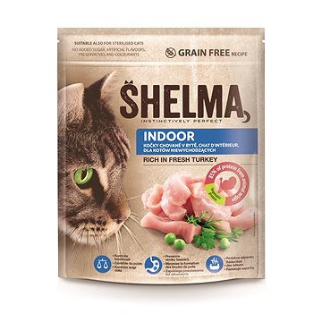 Shelma Indoor granuly bez obilnín s čerstvým morčacím pre dospelé mačky 750 g