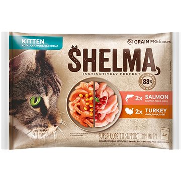 Shelma Kitten dusené filetky bez obilnín, losos a morka 4× 85 g