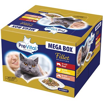 PreVital Mega Box filetky s hovädzím, kuracím a lososom v omáčke 24× 85 g