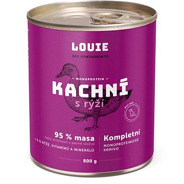 LOUIE Kompletné monoproteínové krmivo – kačacie (95 %) s ryžou (5 %) 800 g
