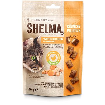 Shelma bezobilné vankúšiky pre mačku s kuracím a kurkumou 60 g