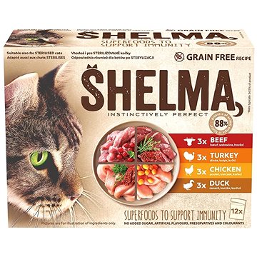 Shelma, kapsička pre mačky, 4 druhy mäsa, 12× 85 g